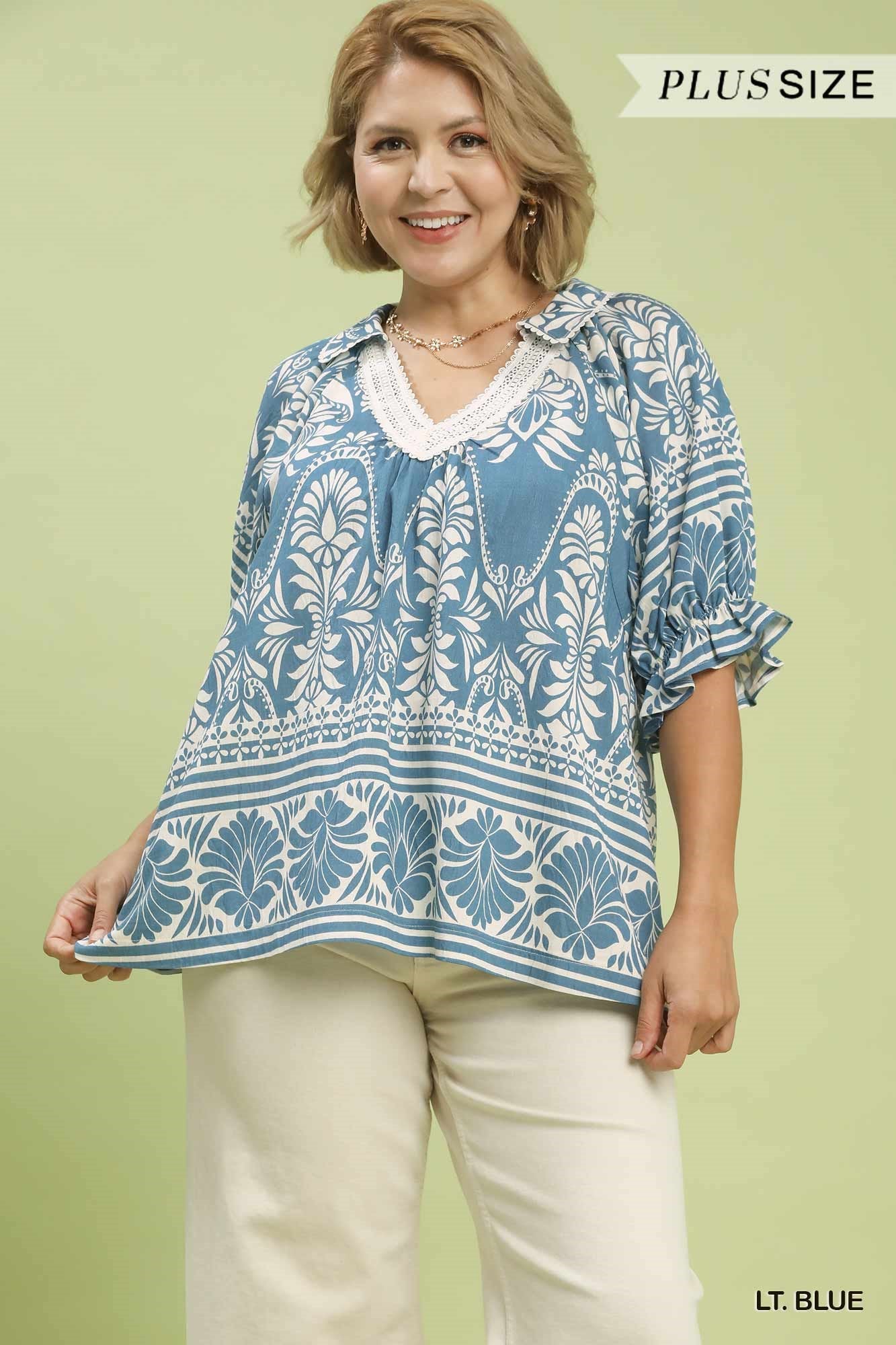 Two Tone Boarder Print Top - Curvy
