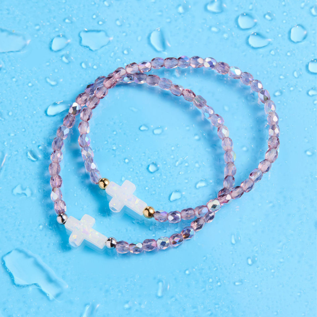 HOLY WATER BEADED AMETHYST AB CROSS BRACELET