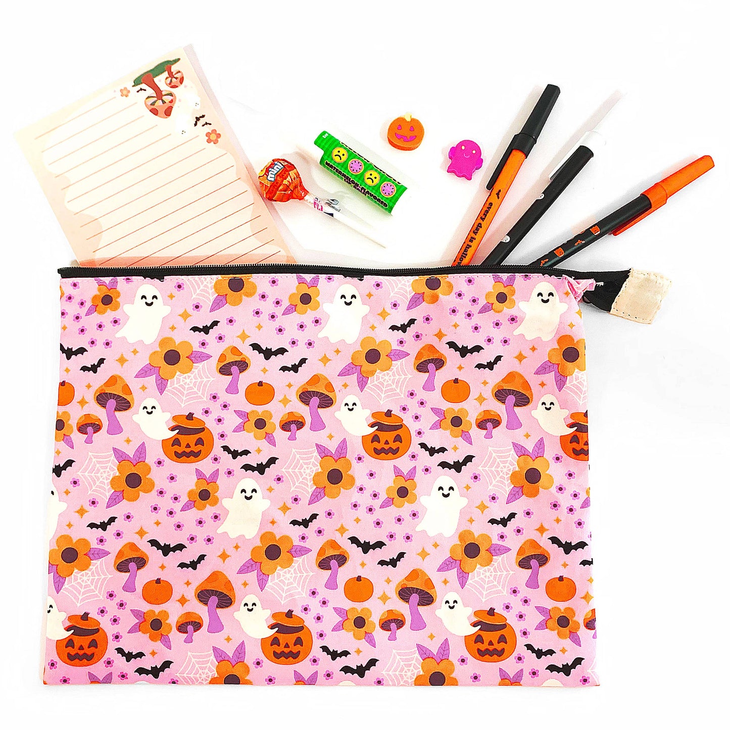 Cute Spooky Floral Halloween XL Cotton Zipper Pouch