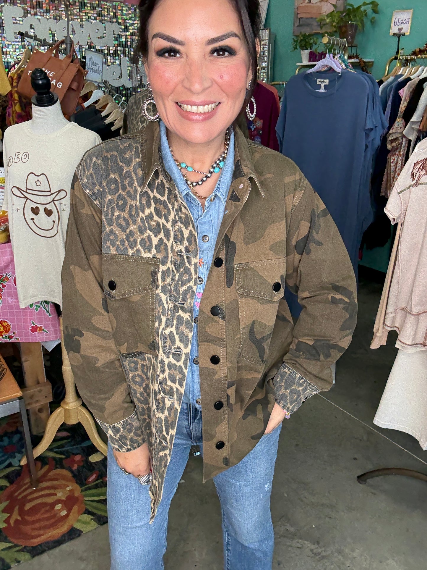 MIX MEDIA CAMO LEOPARD SNAP JACKET