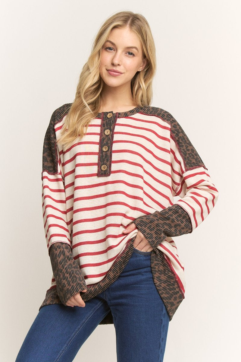 Cozy Red Striped Henley Top