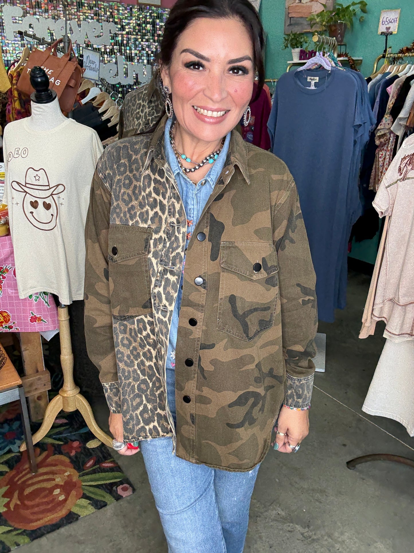 MIX MEDIA CAMO LEOPARD SNAP JACKET