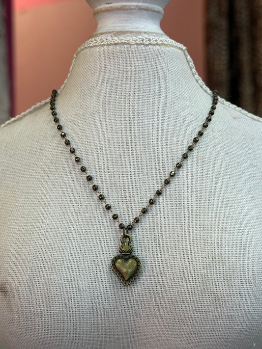 3mm Pyrite Bead Rosary Necklace with Sacred Heart Charm