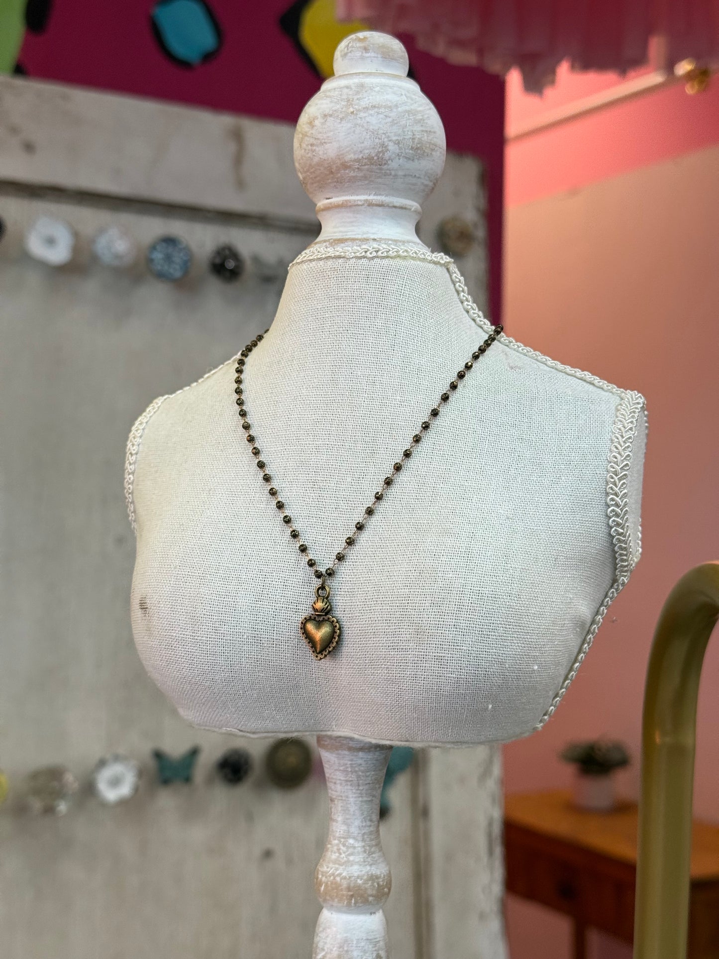 3mm Pyrite Bead Rosary Necklace with Sacred Heart Charm