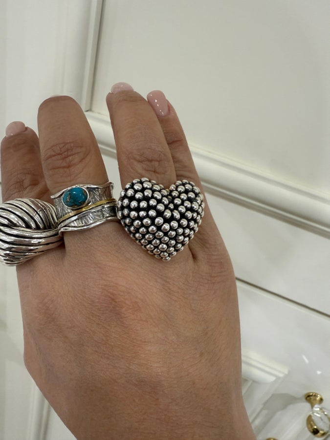 Beaded Heart Statement Ring – Sterling Silver