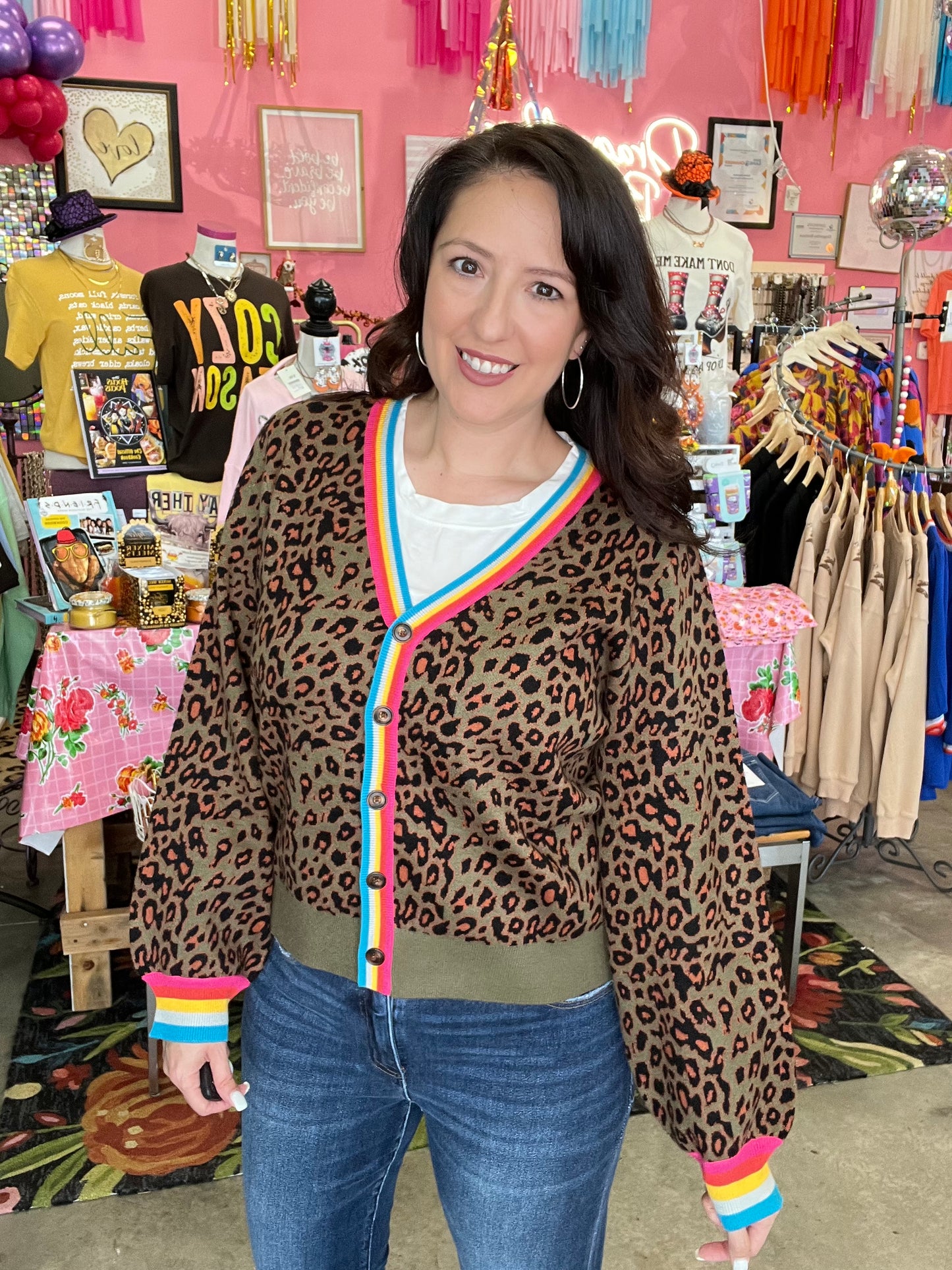 Leopard Button-Down Cardigan with Multi-Color Trim
