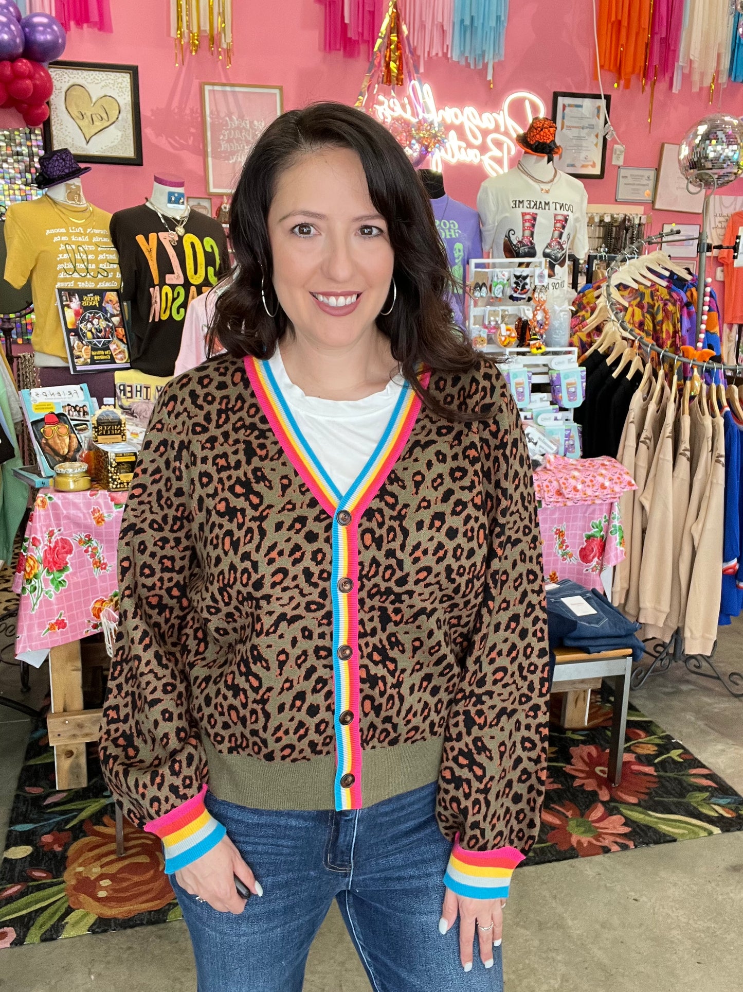 Leopard Button-Down Cardigan with Multi-Color Trim