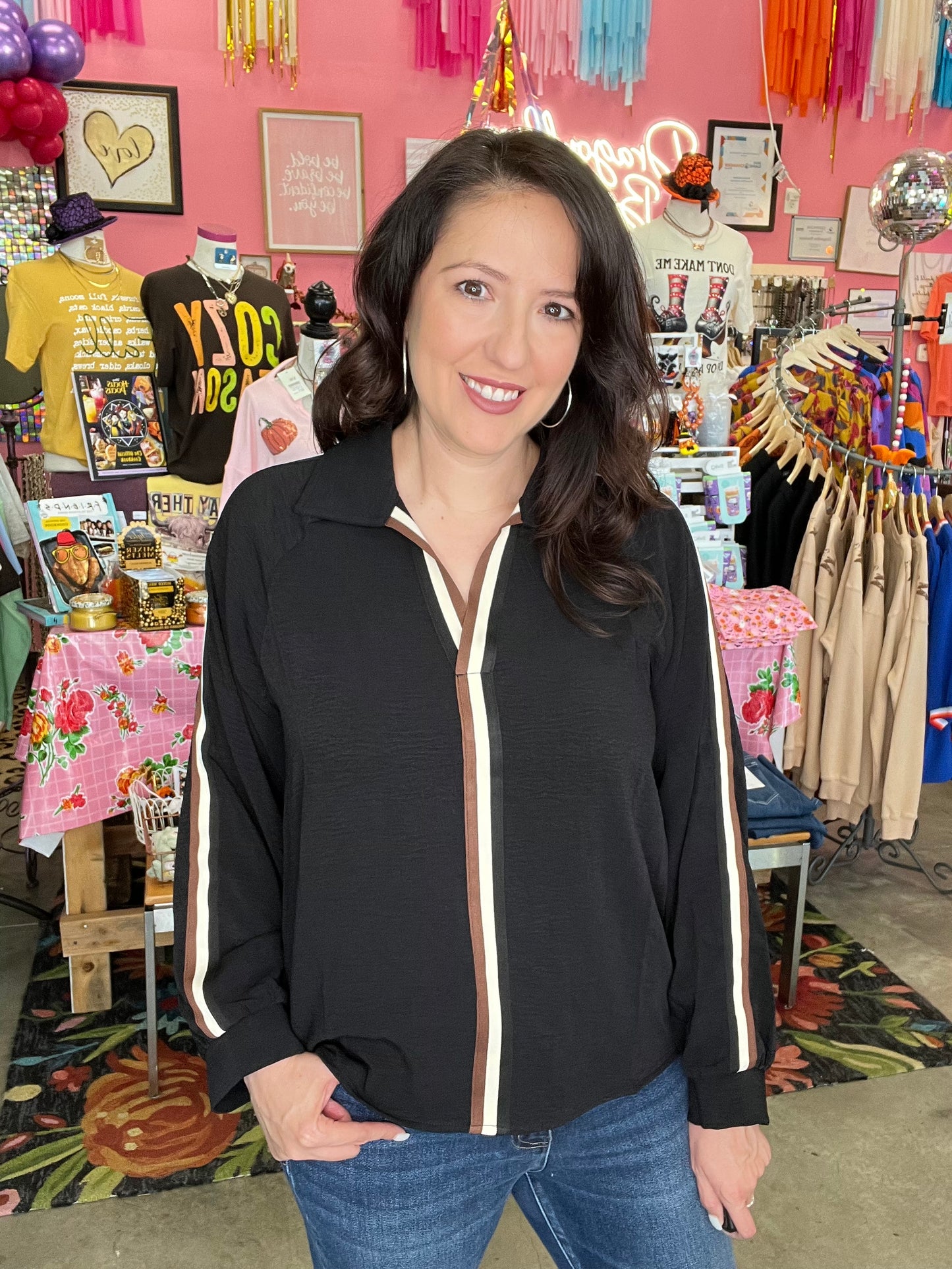 Crinkle V-Neck Top with Stripe Trim