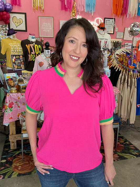 Half-Sleeve Color Block Top - HOT PINK