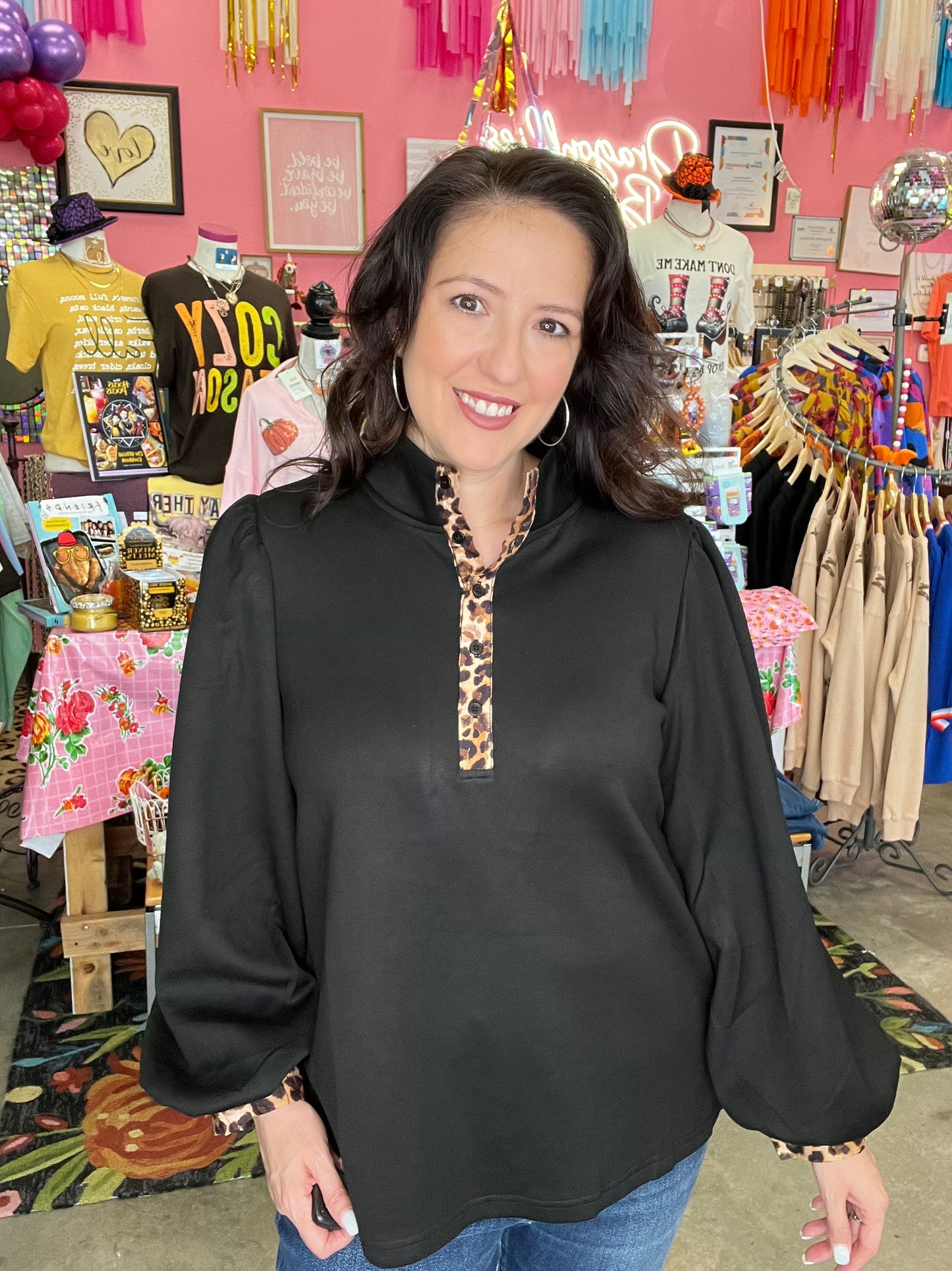 Mock Neck Balloon Sleeve Top with Leopard Detail - BLACK