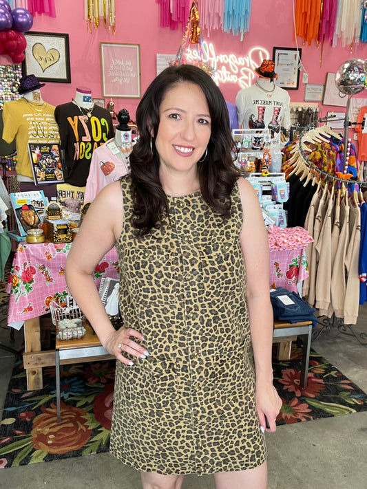 LEOPARD DENIM SLEEVELESS DRESS