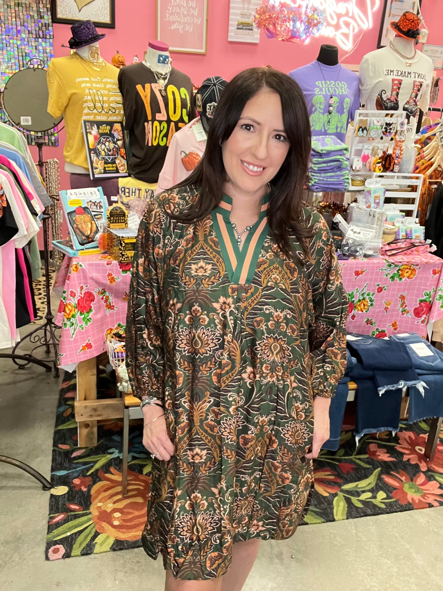 Chic Botanica Collared Dress-OLIVE MIX