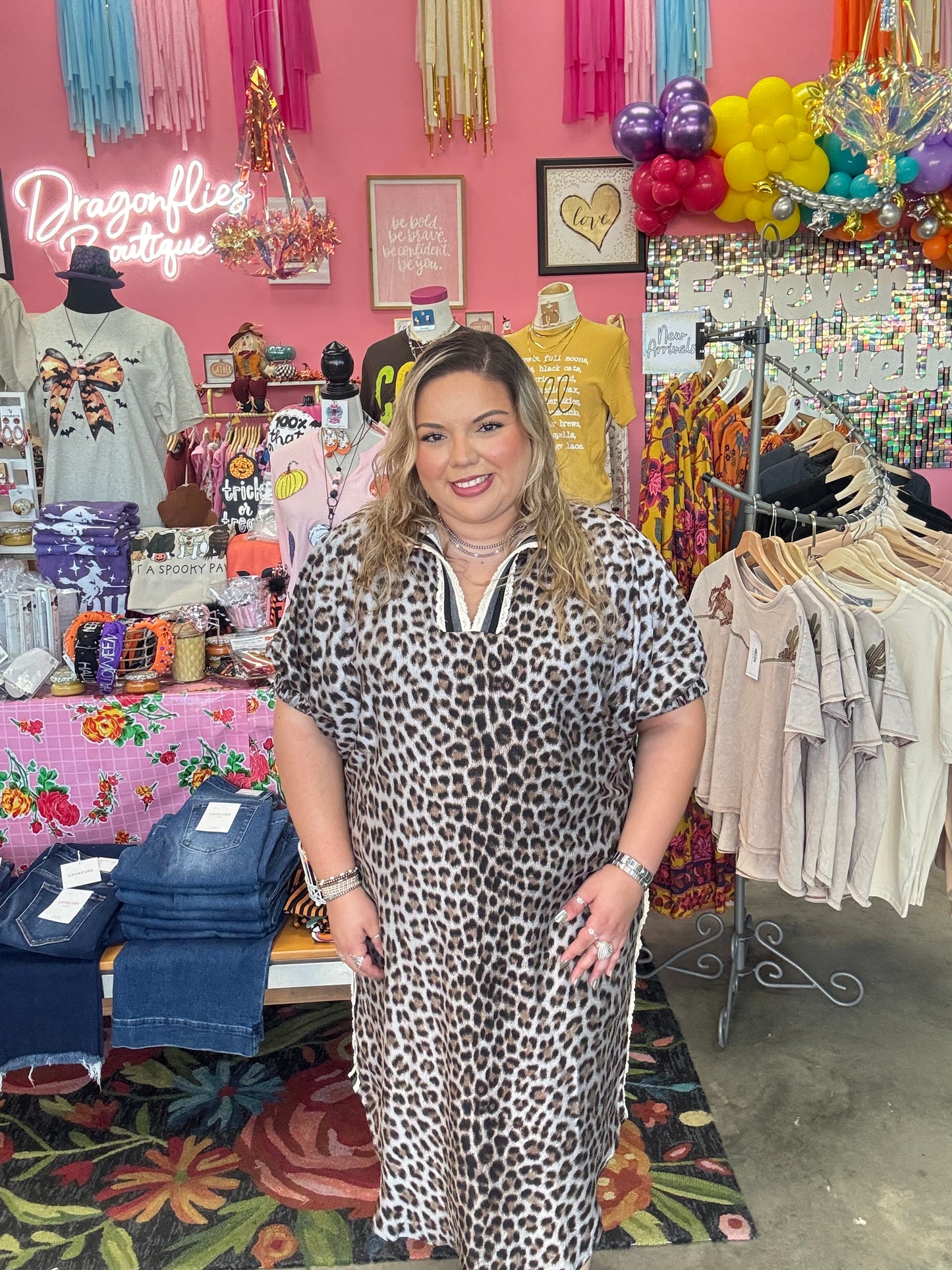 Leopard Print Dolman Sleeve Midi Dress - S-2XL
