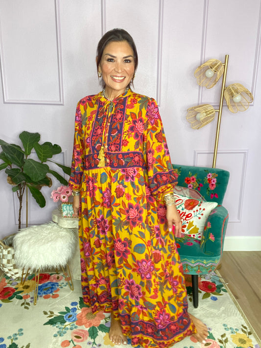 FLORAL PRINTED RAYON CHALLIS MAXI DRESS