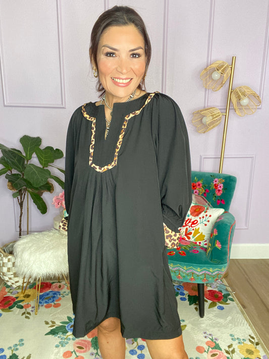 Tunic Dress with Leopard Trim Accents