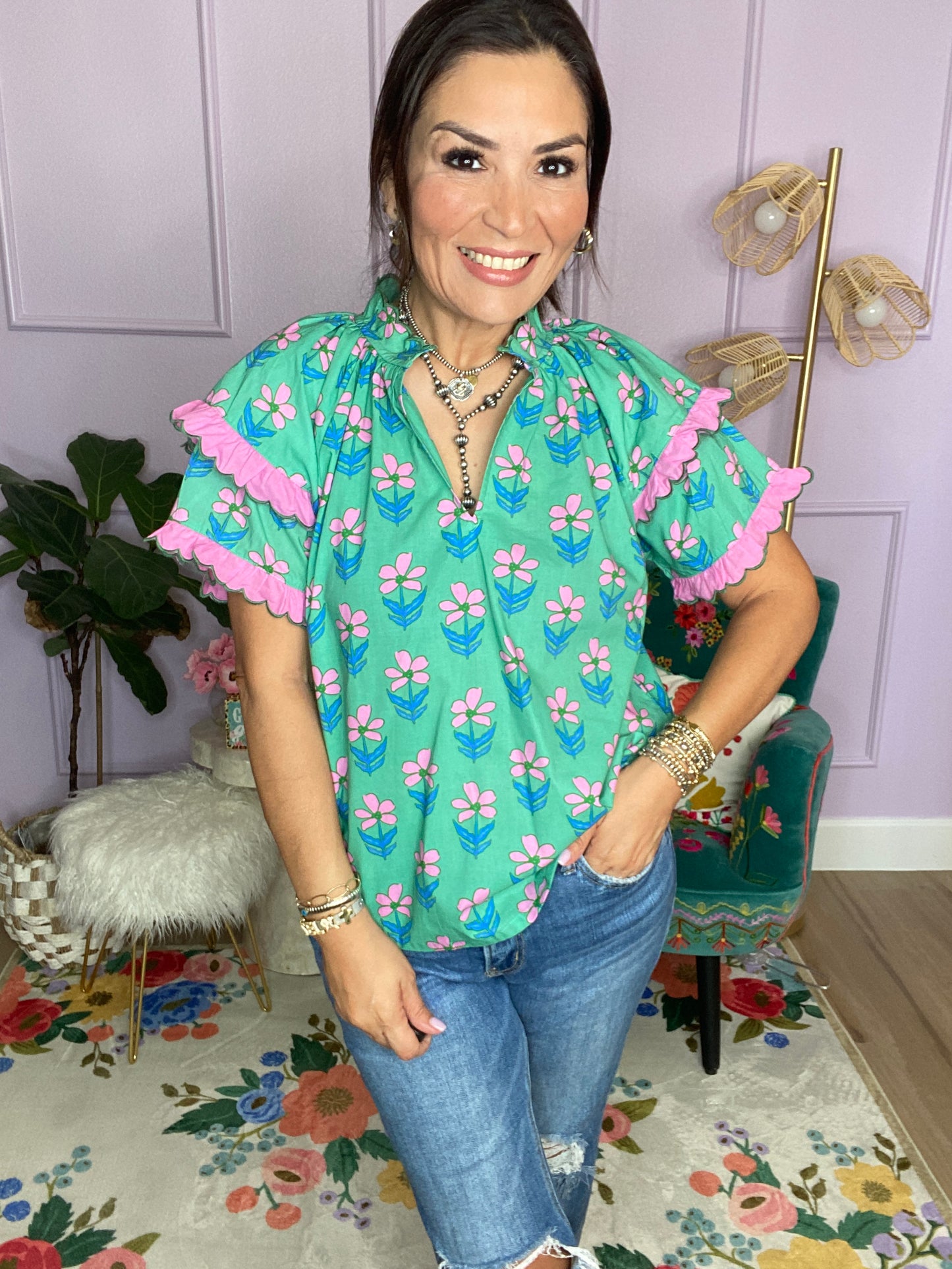 Mix Ruffle Sleeve Floral Blouse