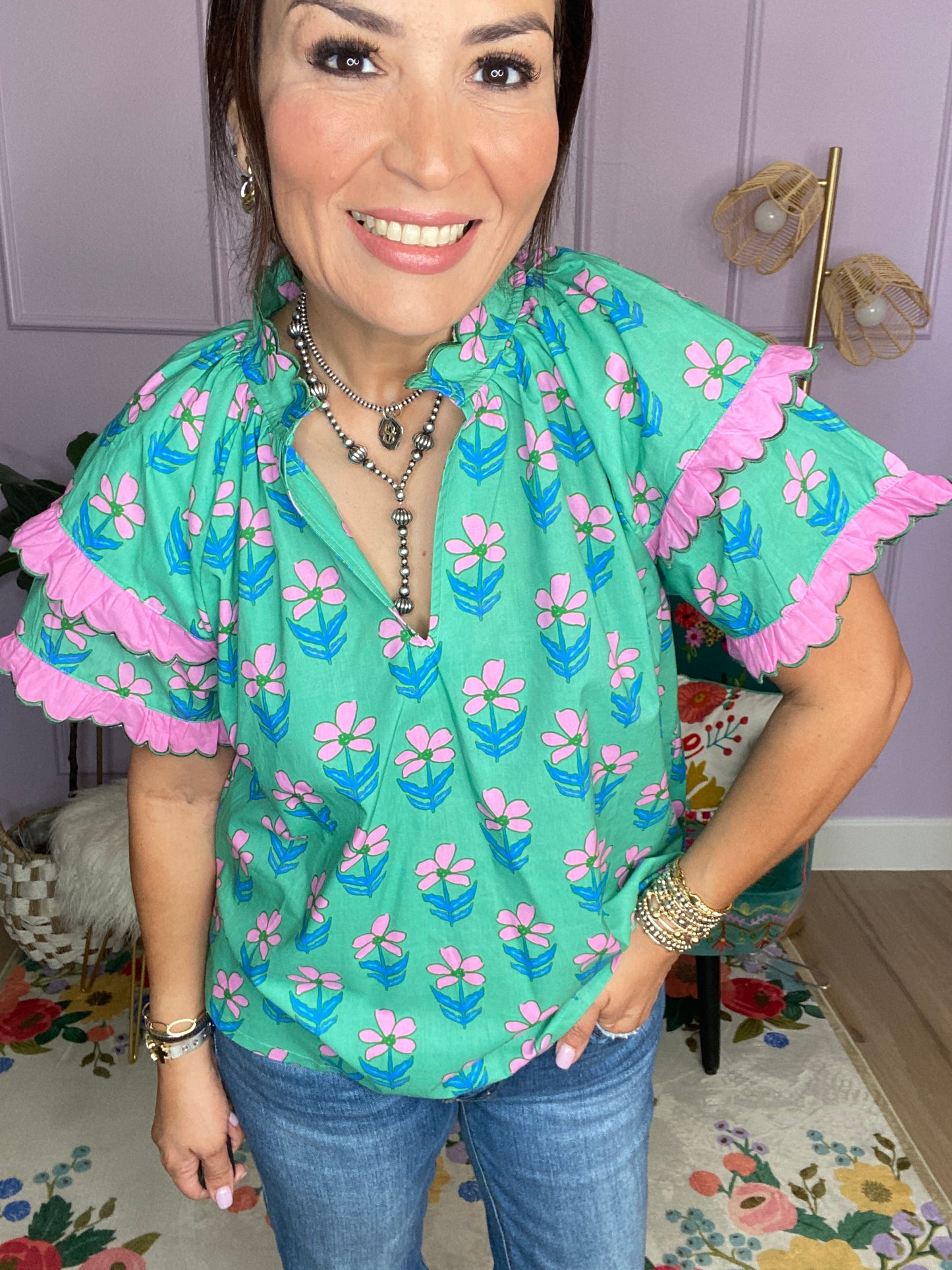 Mix Ruffle Sleeve Floral Blouse