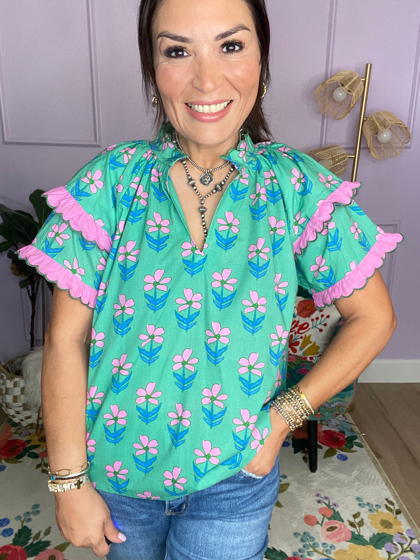 Mix Ruffle Sleeve Floral Blouse