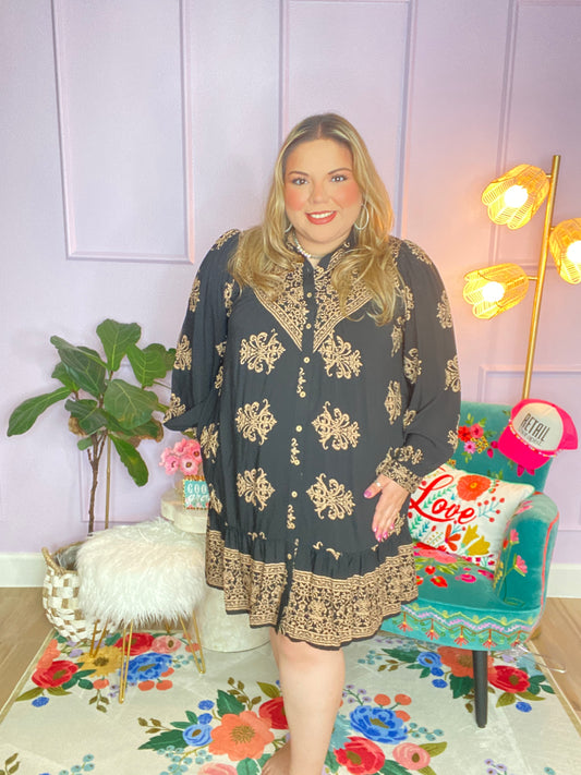 PLUS SIZE-BORDER PRINTED CHALLIS SHIRT DRESS