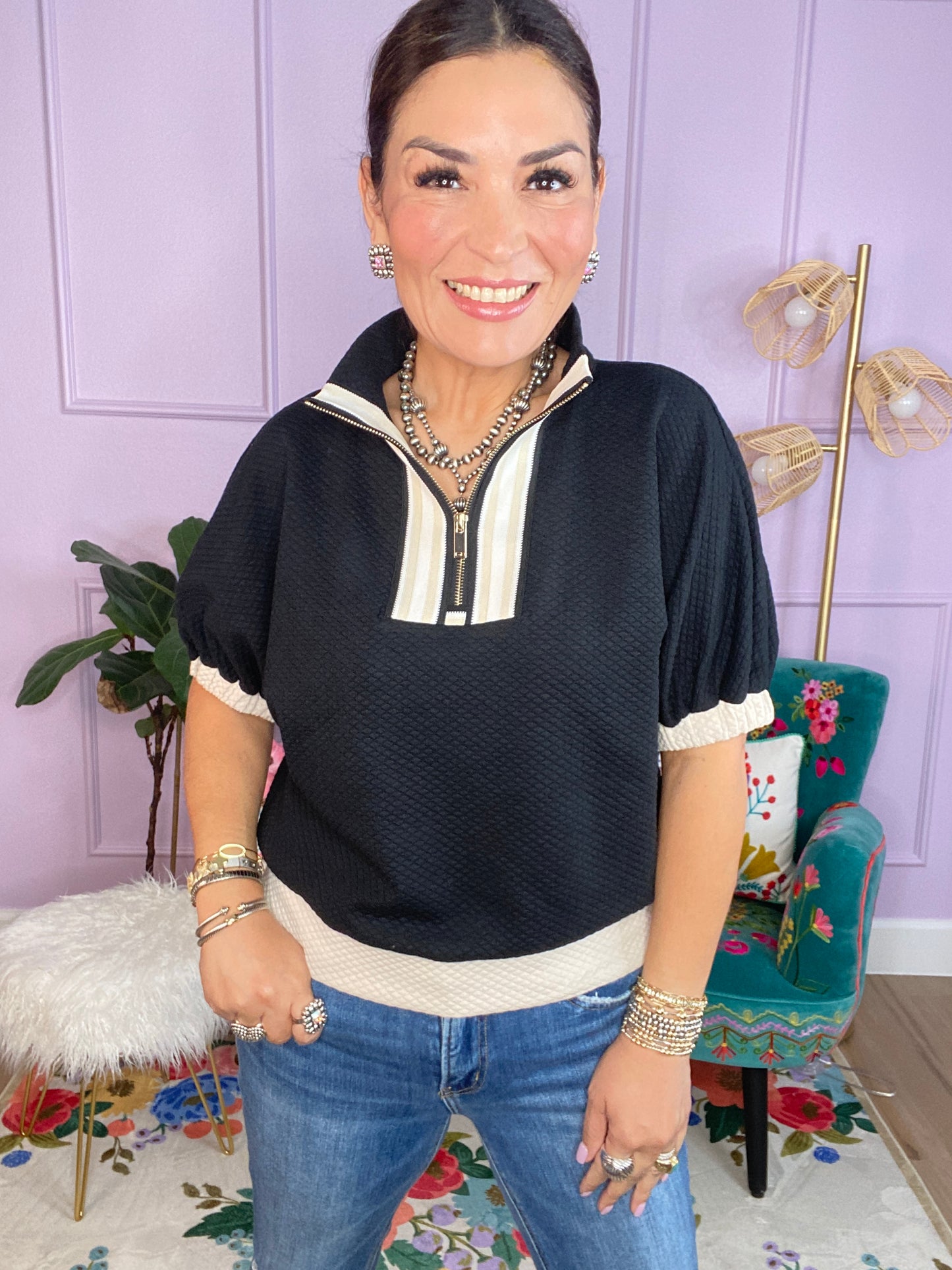 Textured Half Zip Mock Neck Top