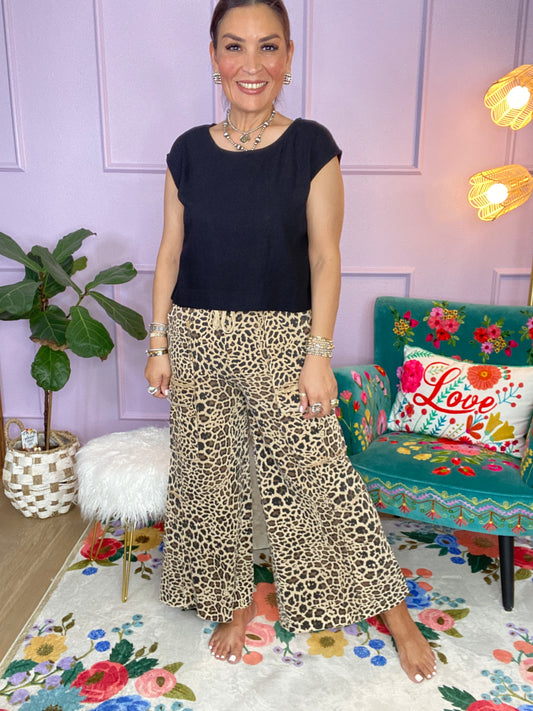 MOCHA ANIMAL PRINTED TERRY KNIT MINERAL WASHED CARGO PANTS