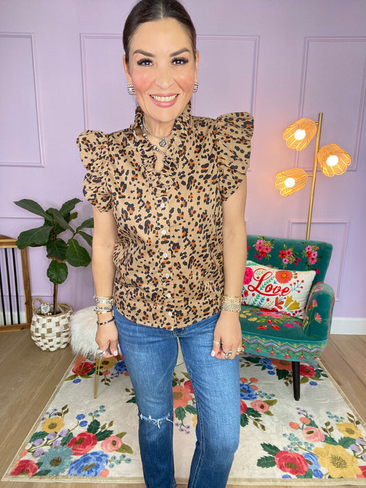 Leopard print puff flutter sleeve top