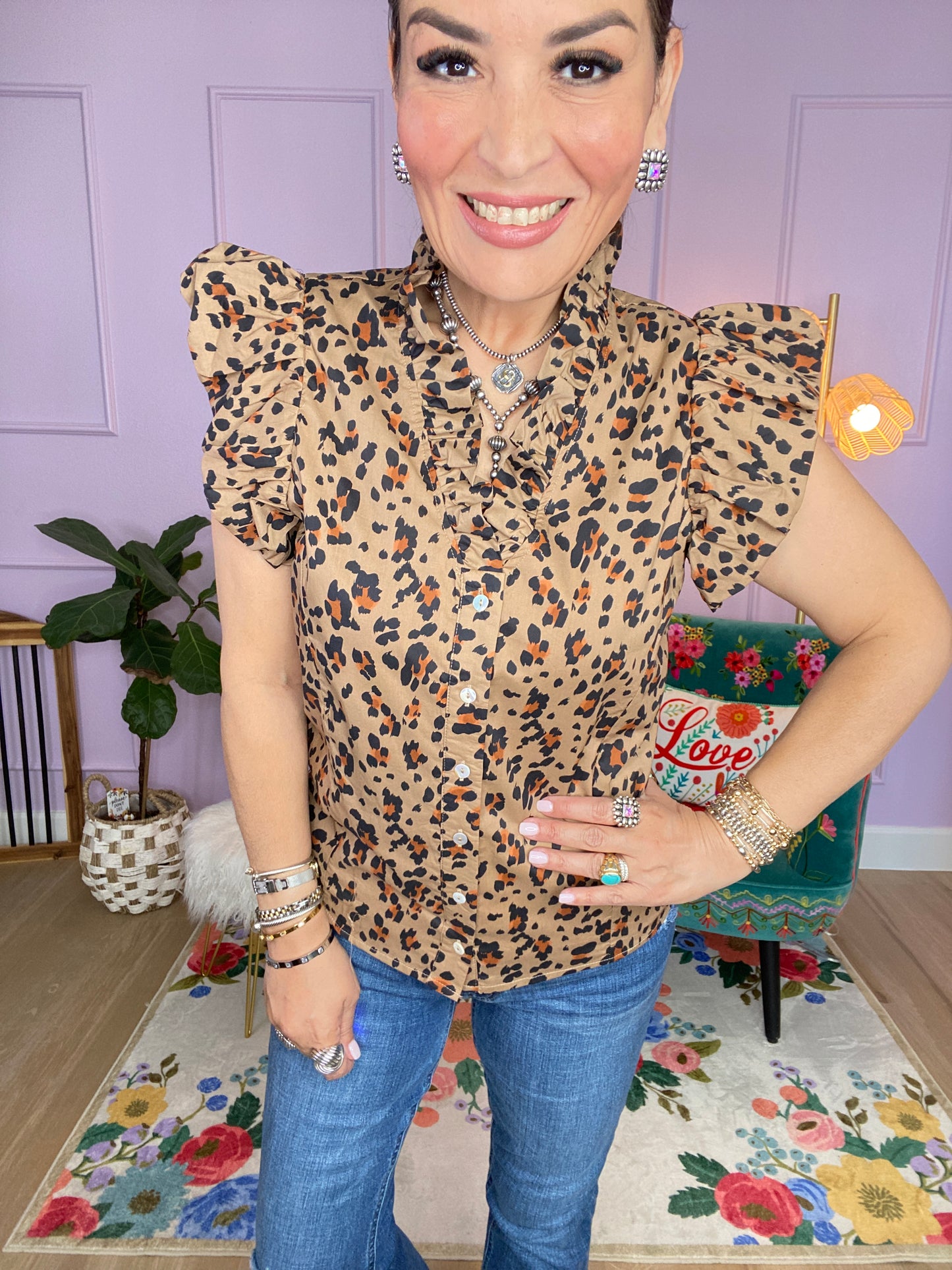 Leopard print puff flutter sleeve top
