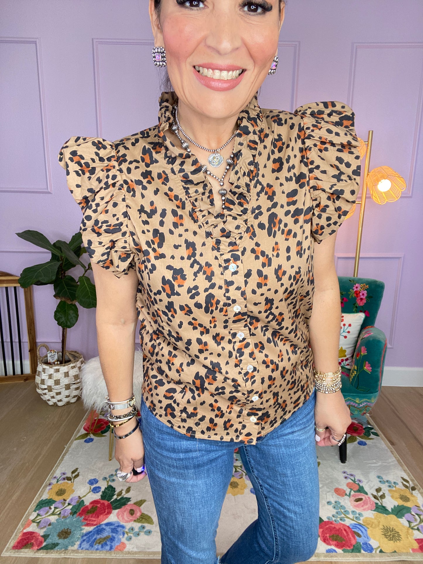 Leopard print puff flutter sleeve top
