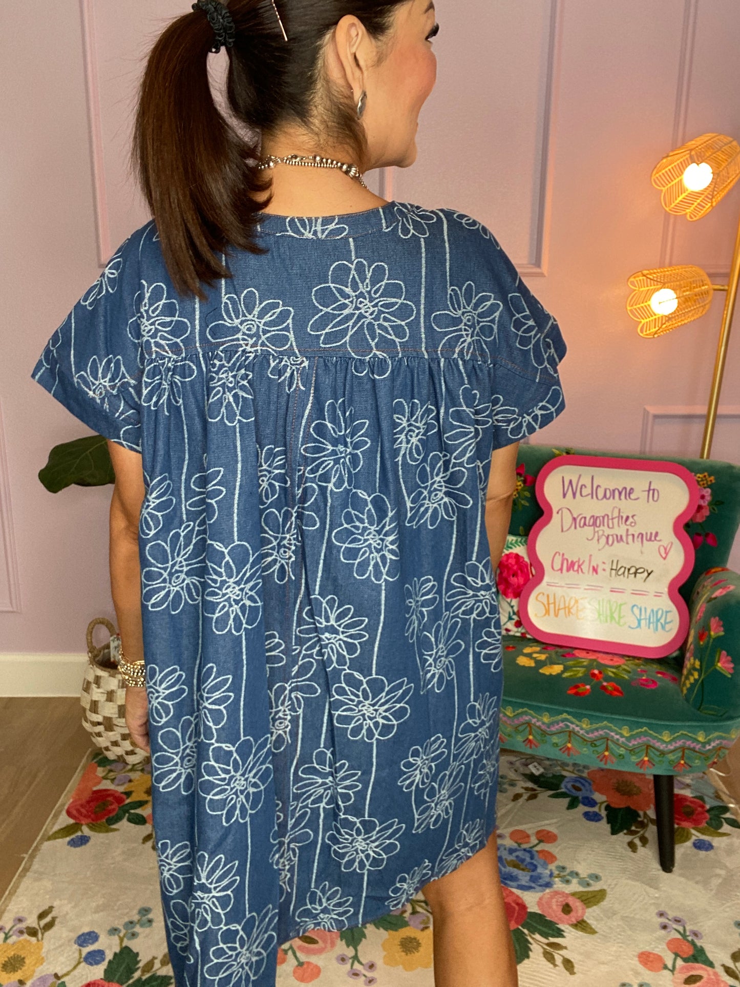 Wildflower Denim Tie-Neck Dress