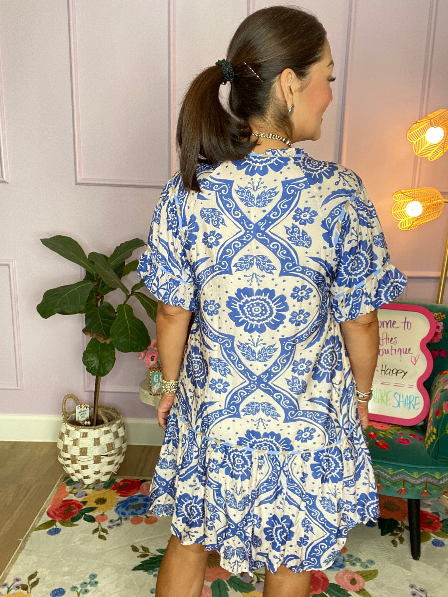 Bluebell Tile Puff Sleeve Dress