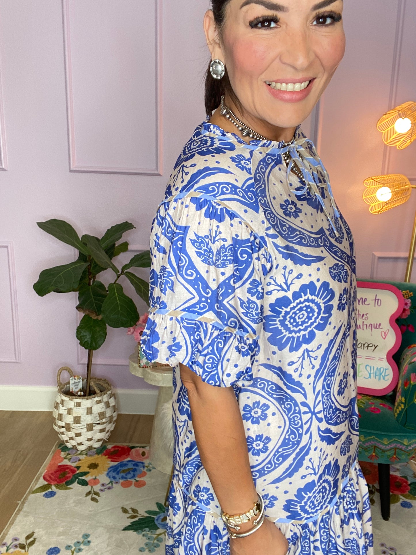 Bluebell Tile Puff Sleeve Dress