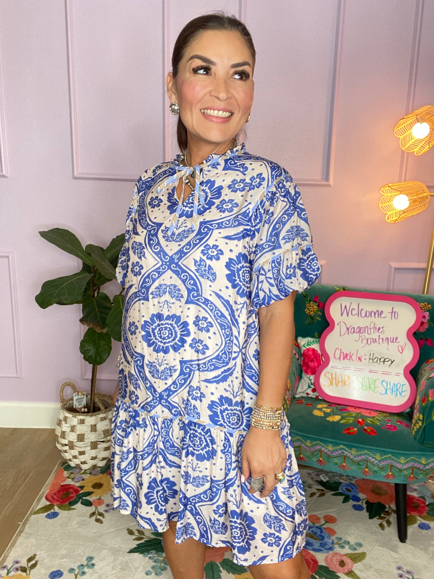 Bluebell Tile Puff Sleeve Dress