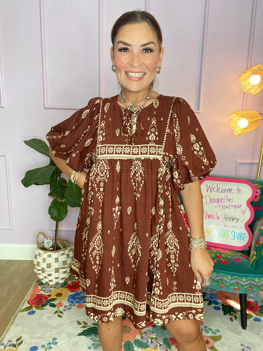 Brown Printed Babydoll Mini Dress with Neck Tie Strings