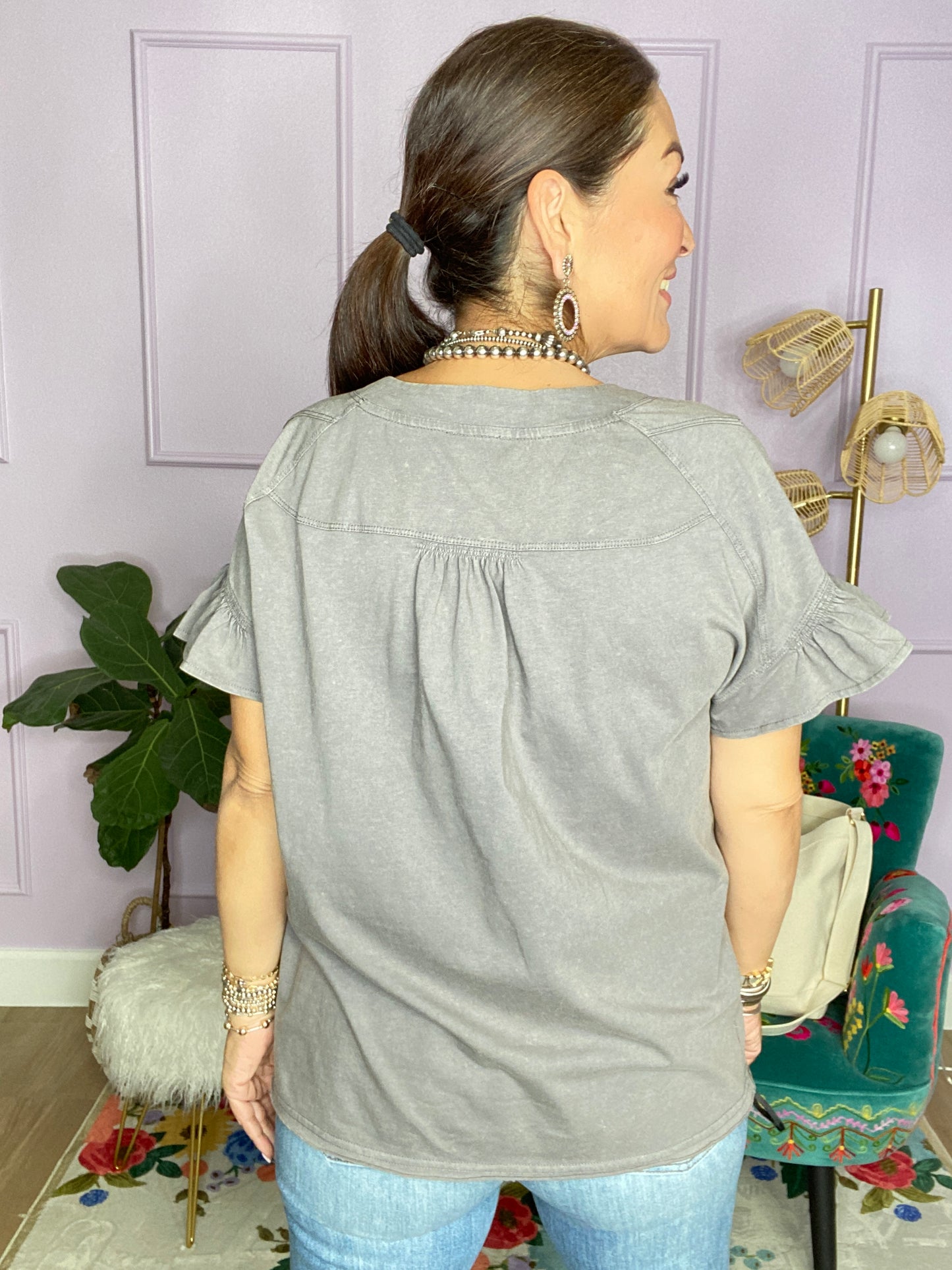 GREY HALF BUTTON T-SHIRT