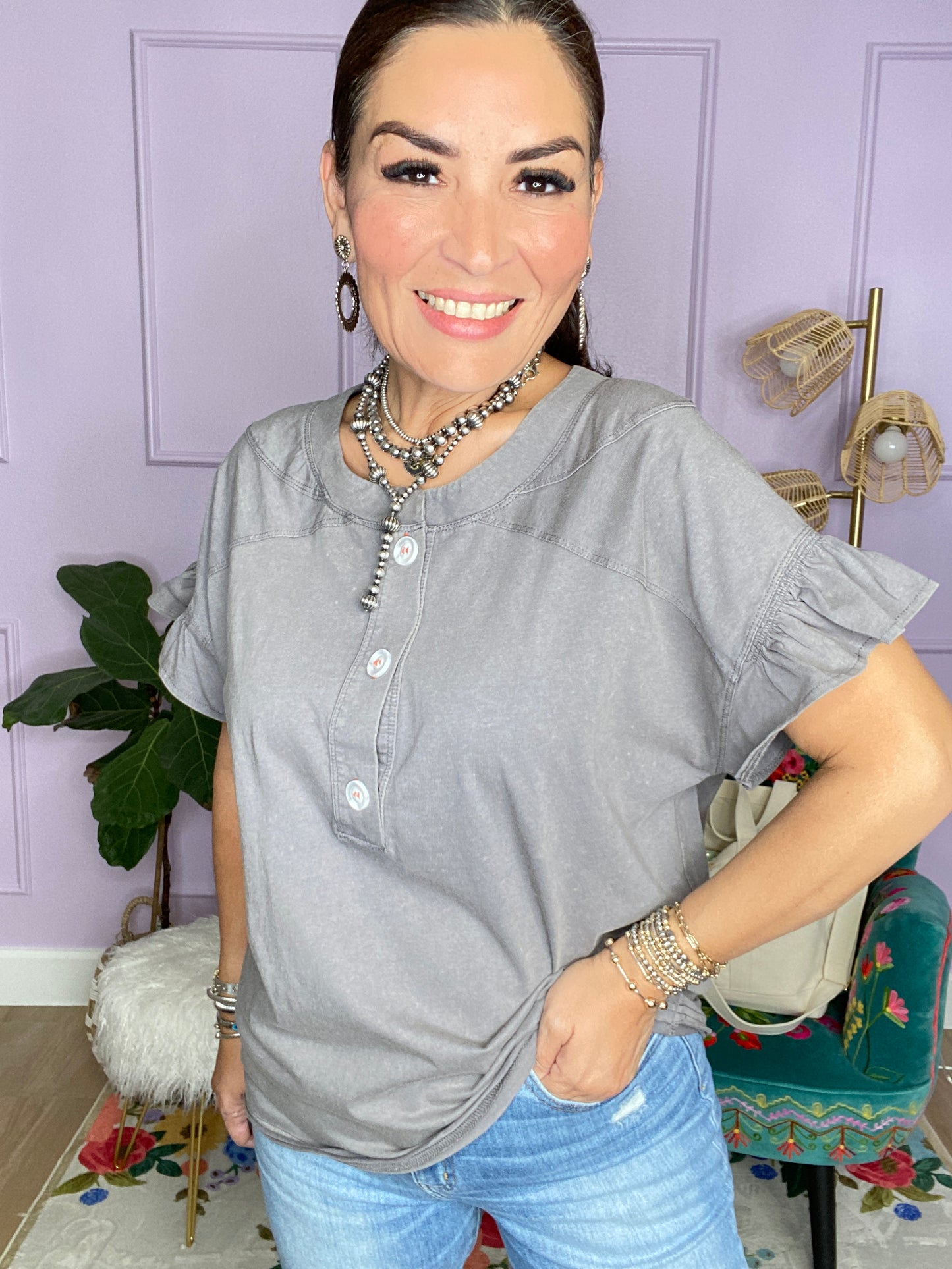 GREY HALF BUTTON T-SHIRT