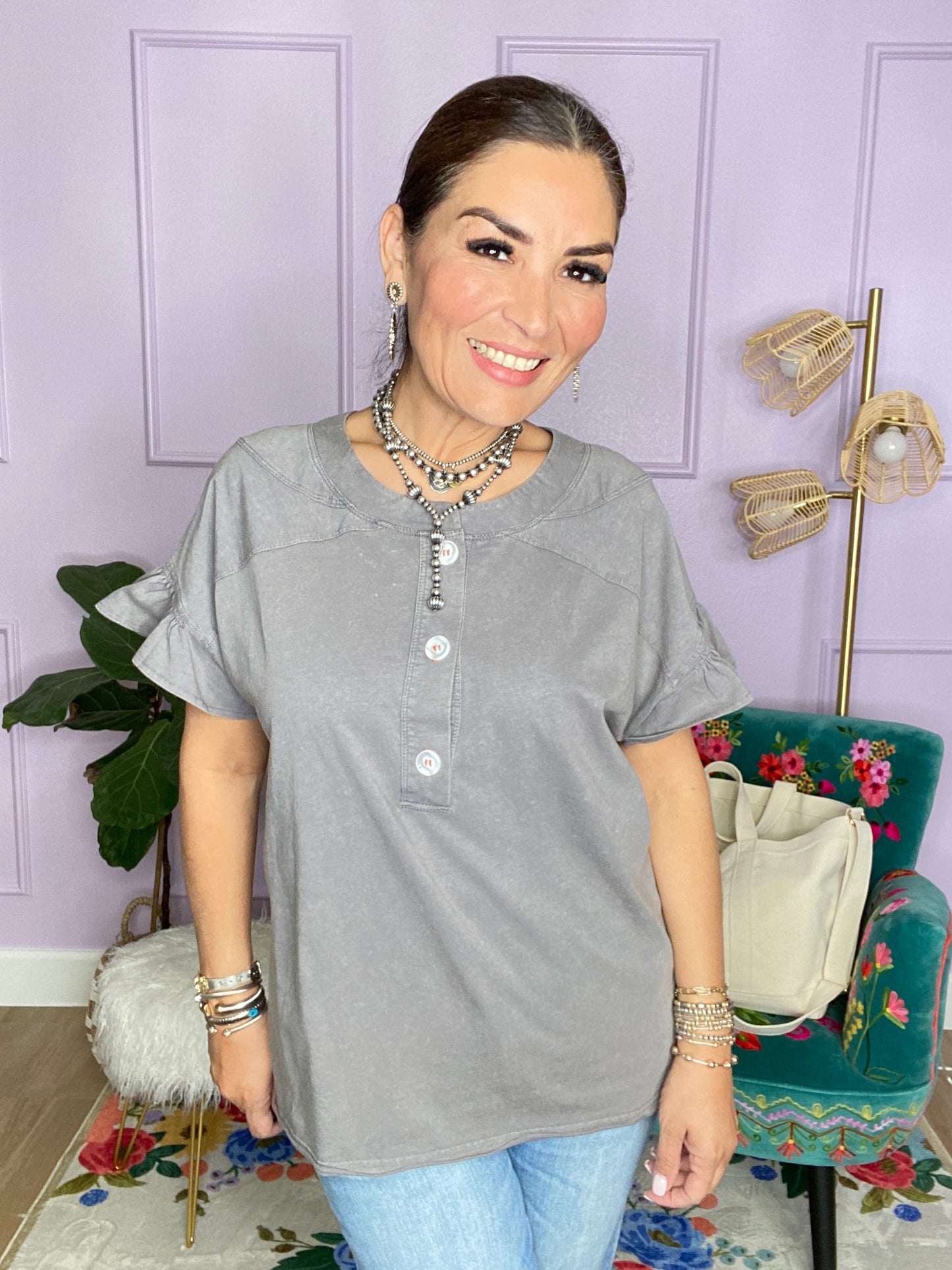 GREY HALF BUTTON T-SHIRT