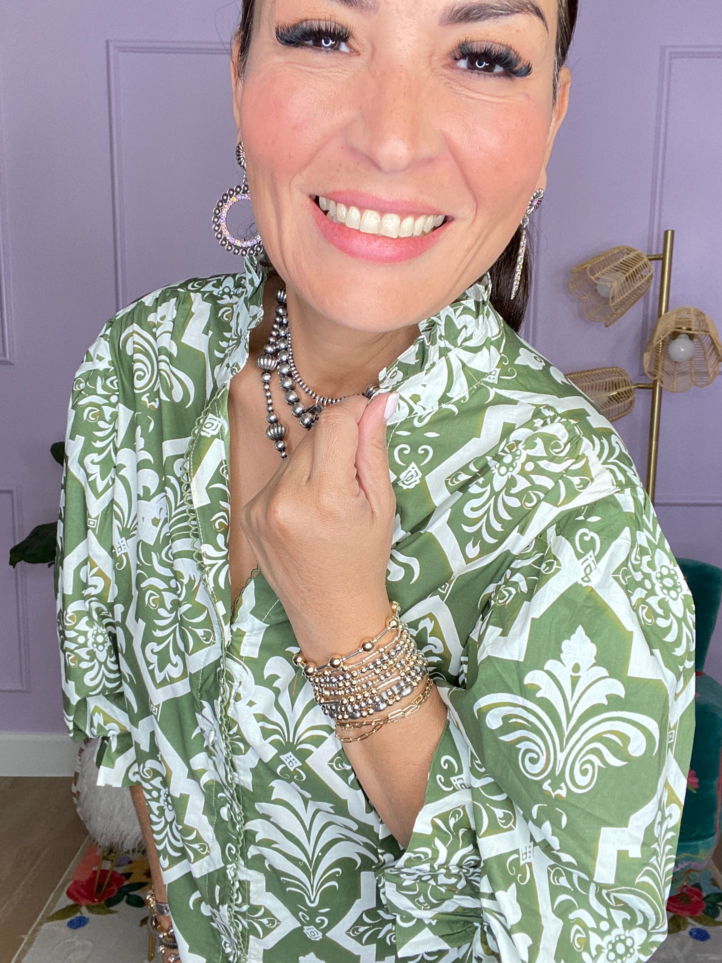 OLIVE MIX PRINTED BUTTON DOWN BLOUSE