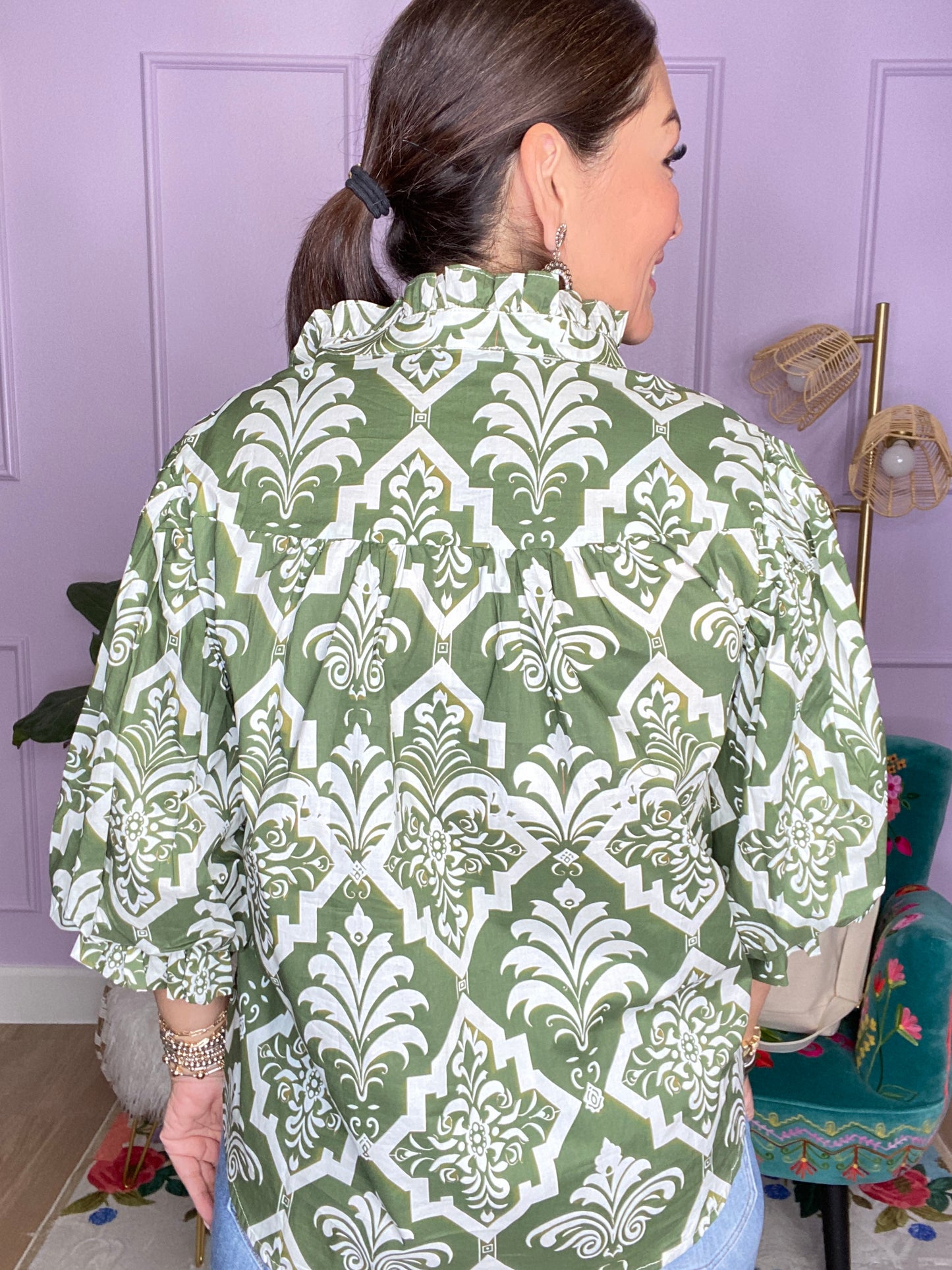OLIVE MIX PRINTED BUTTON DOWN BLOUSE