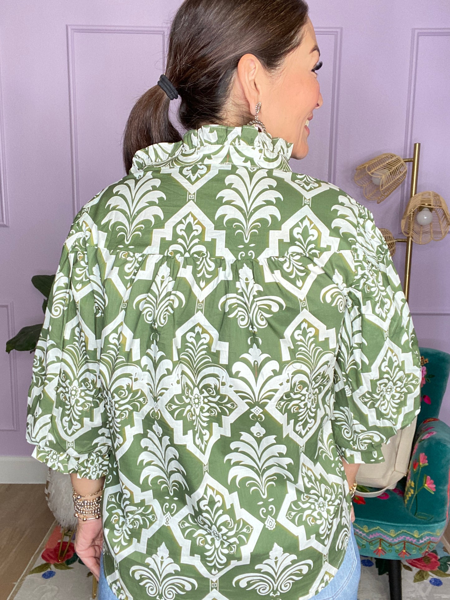 OLIVE MIX PRINTED BUTTON DOWN BLOUSE