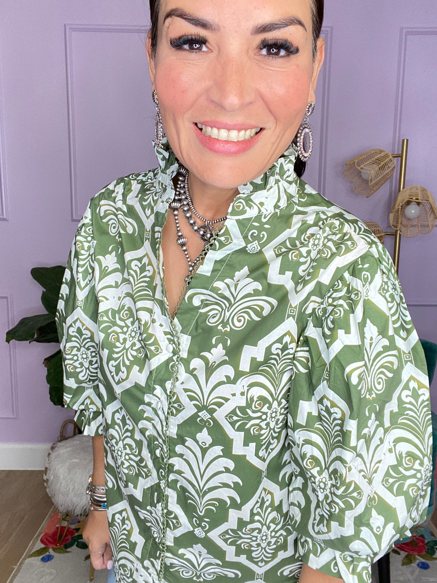 OLIVE MIX PRINTED BUTTON DOWN BLOUSE