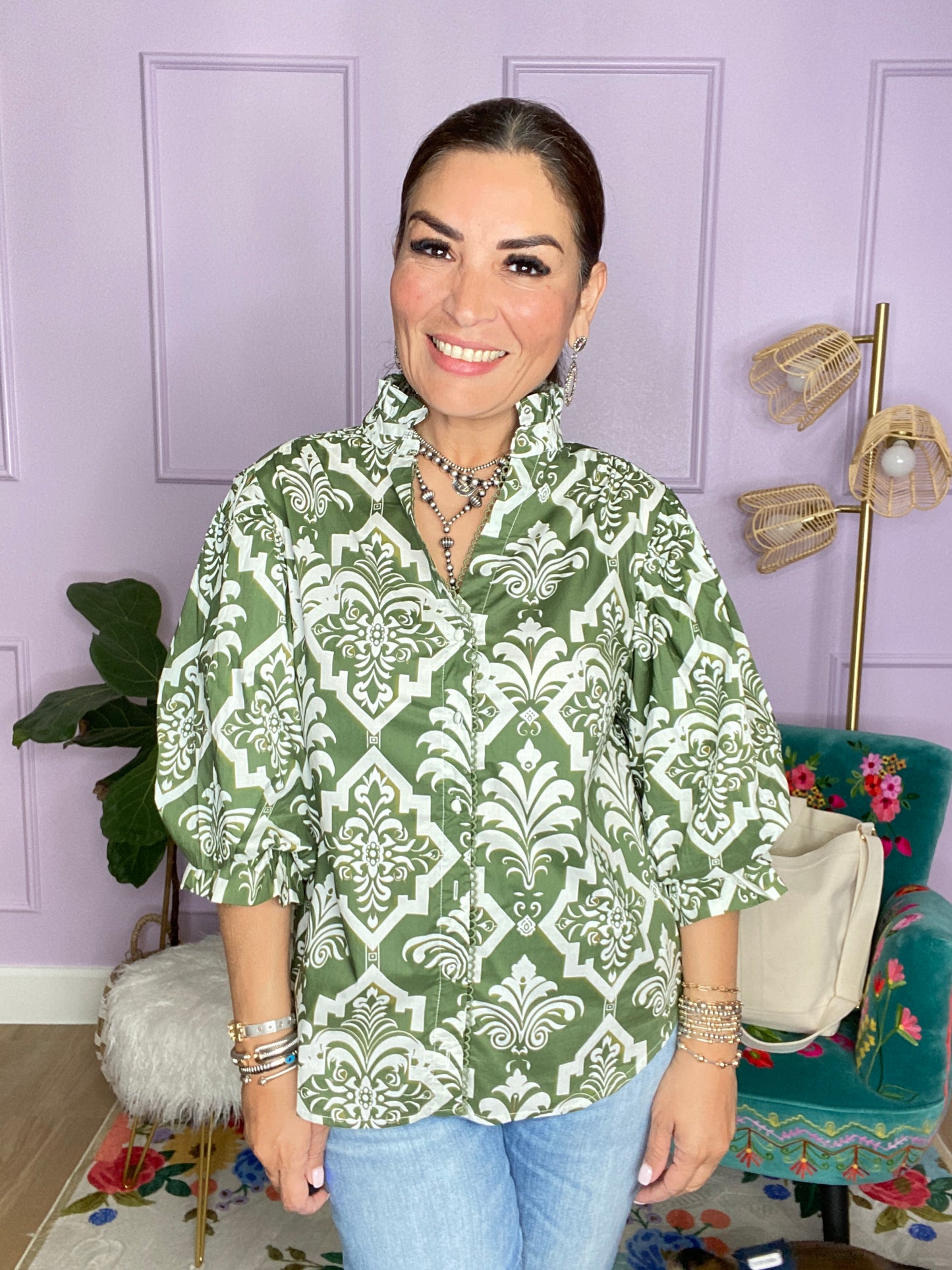 OLIVE MIX PRINTED BUTTON DOWN BLOUSE
