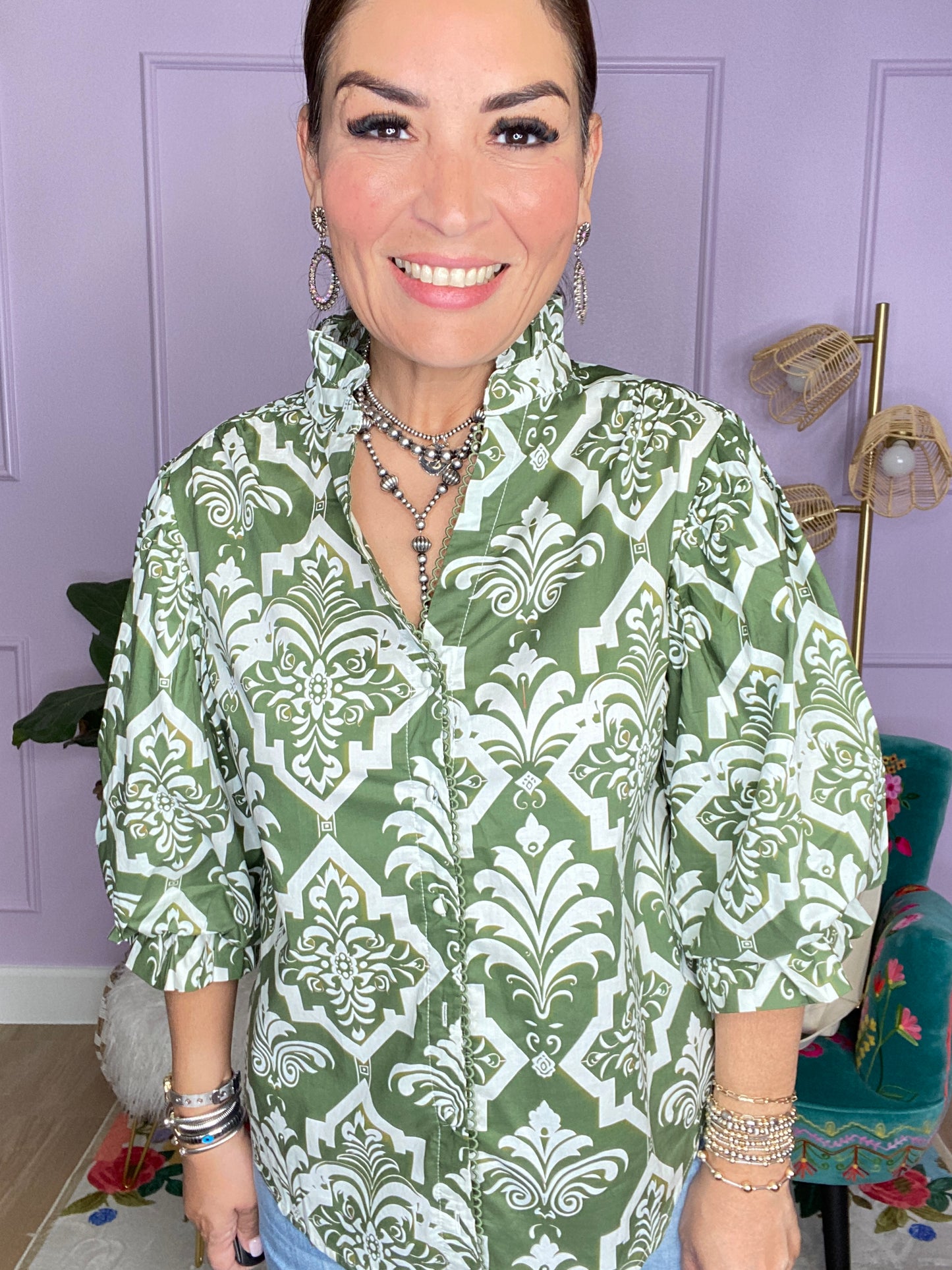 OLIVE MIX PRINTED BUTTON DOWN BLOUSE