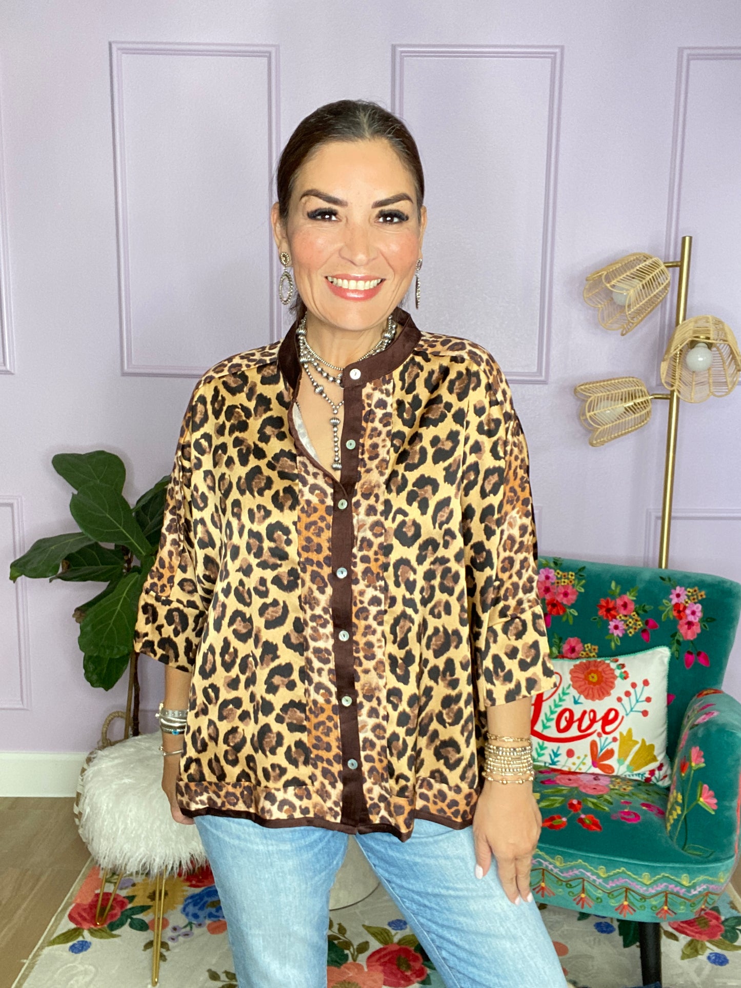 MIXED LEOPARD BUTTON DOWN TOP-BROWN