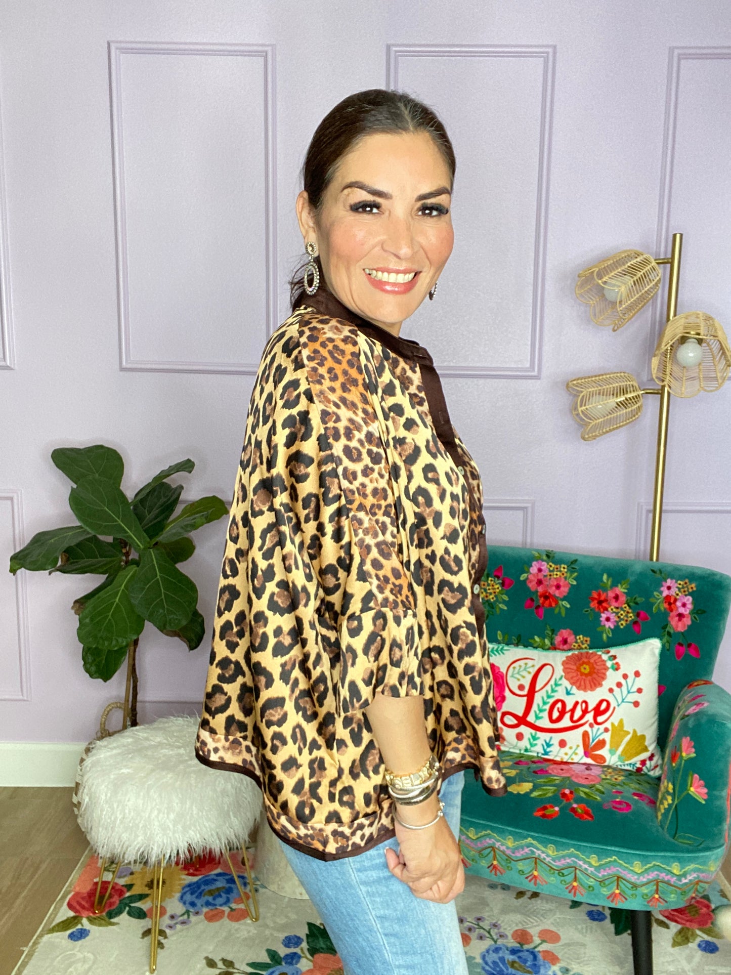 MIXED LEOPARD BUTTON DOWN TOP-BROWN