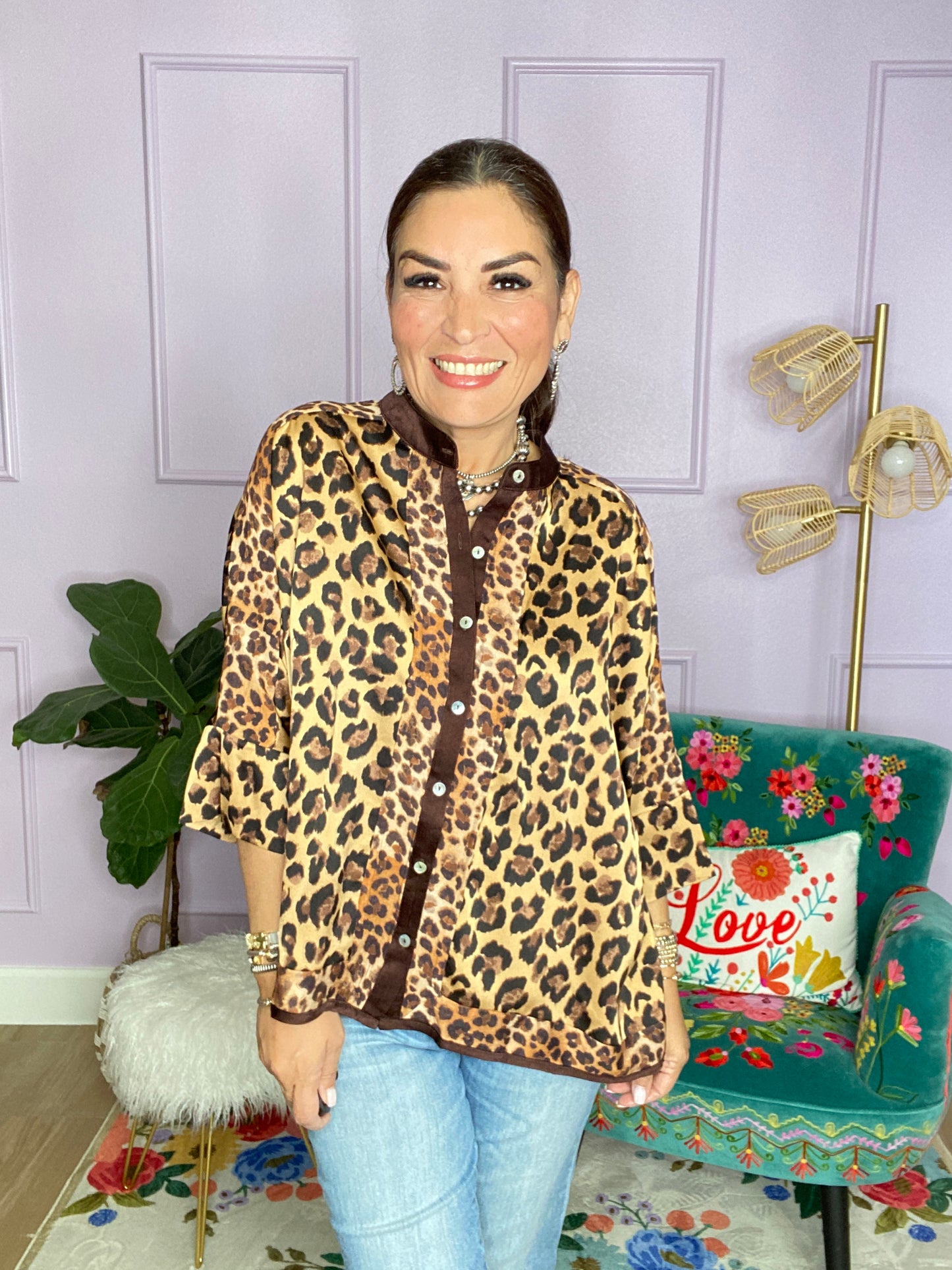MIXED LEOPARD BUTTON DOWN TOP-BROWN