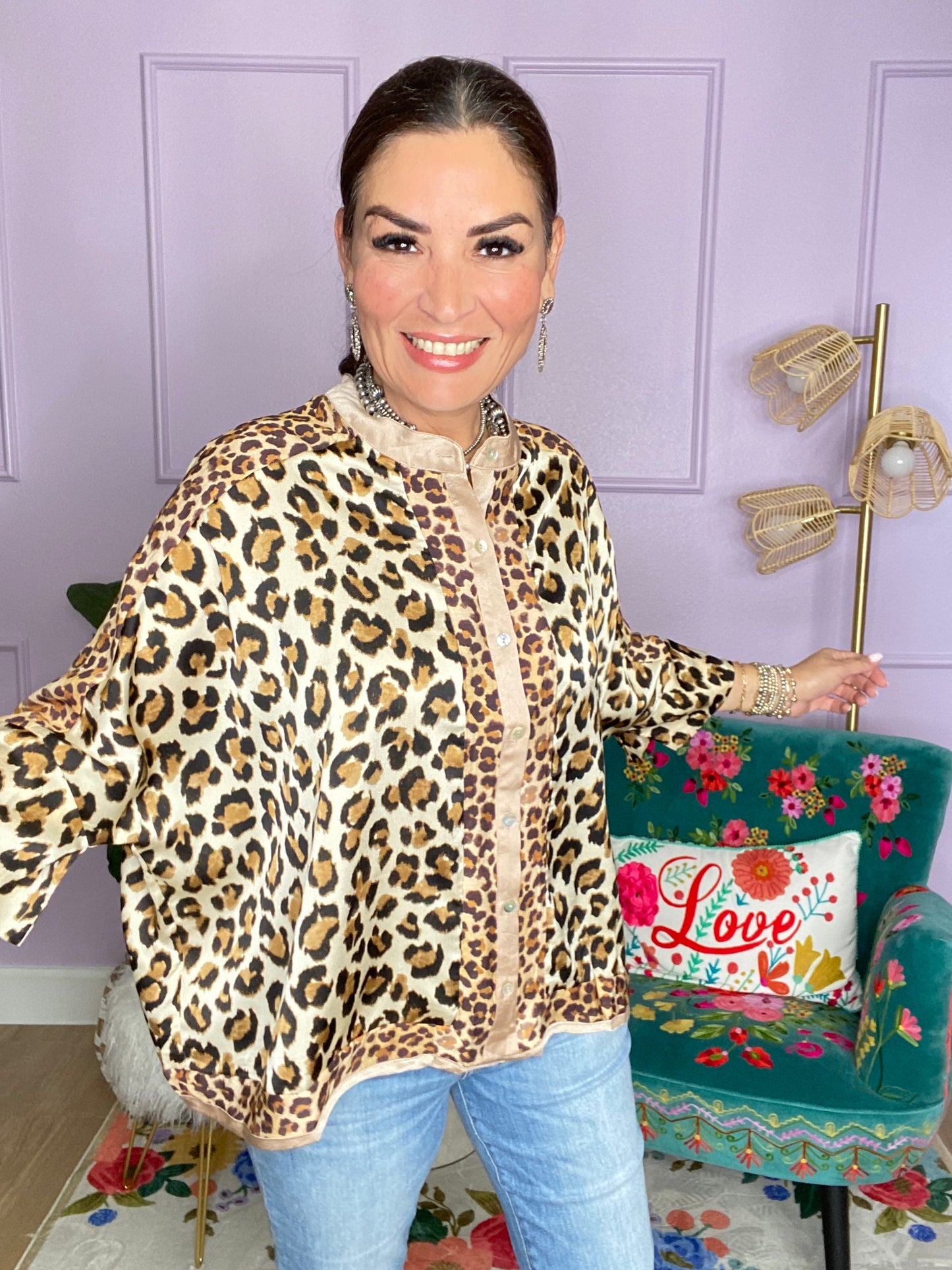 MIXED LEOPARD BUTTON DOWN TOP- BEIGE