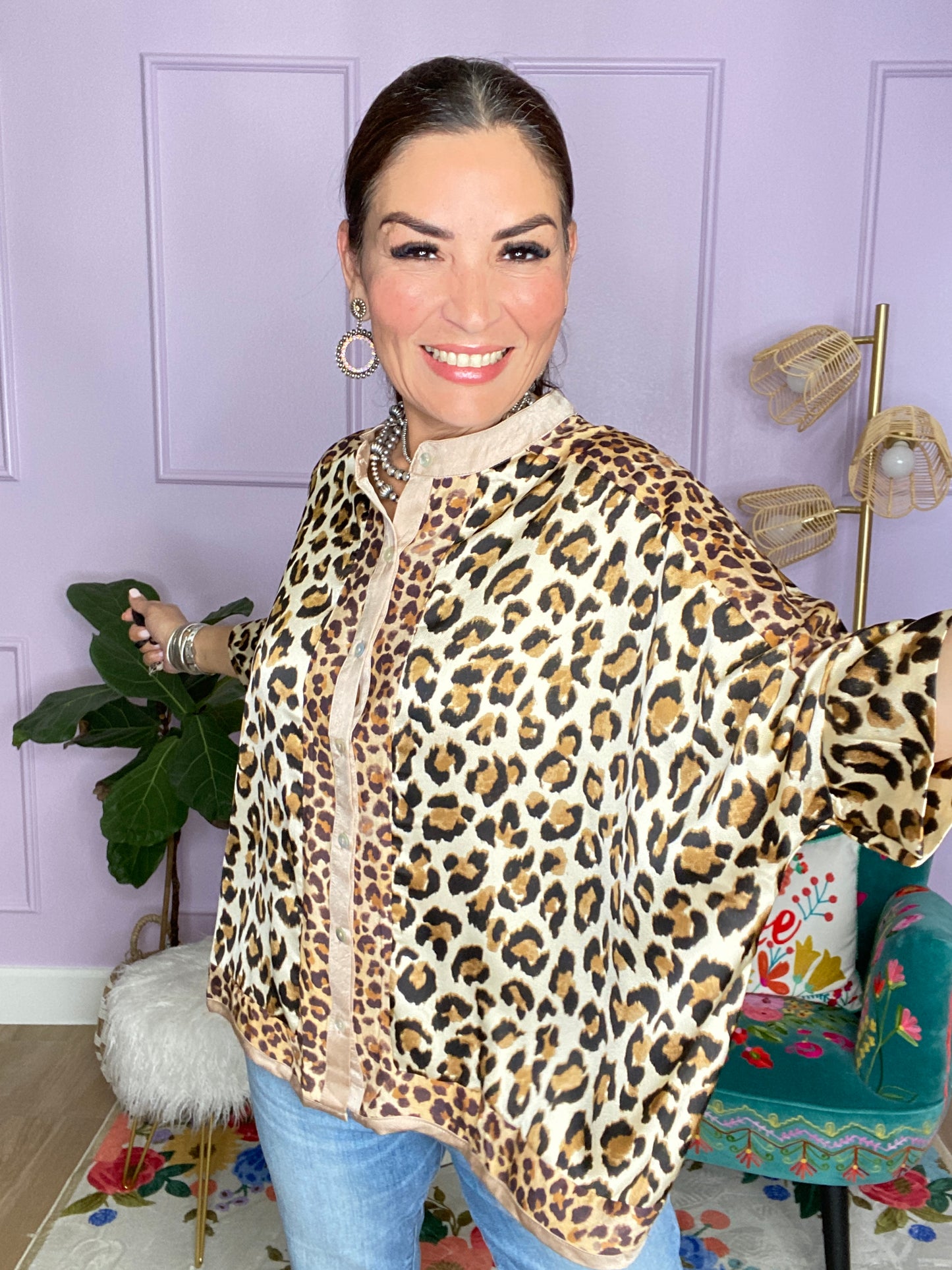 MIXED LEOPARD BUTTON DOWN TOP- BEIGE