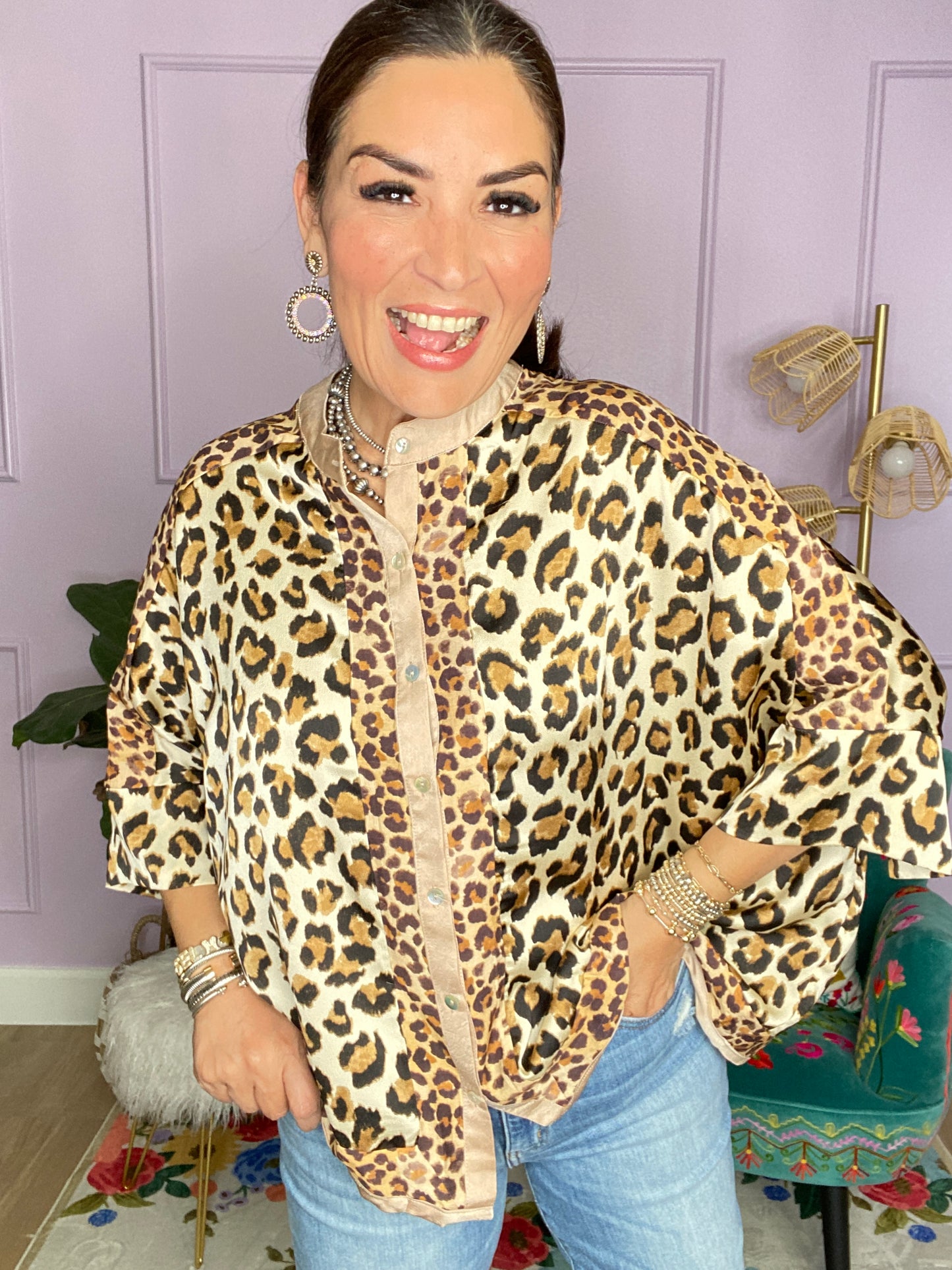 MIXED LEOPARD BUTTON DOWN TOP- BEIGE