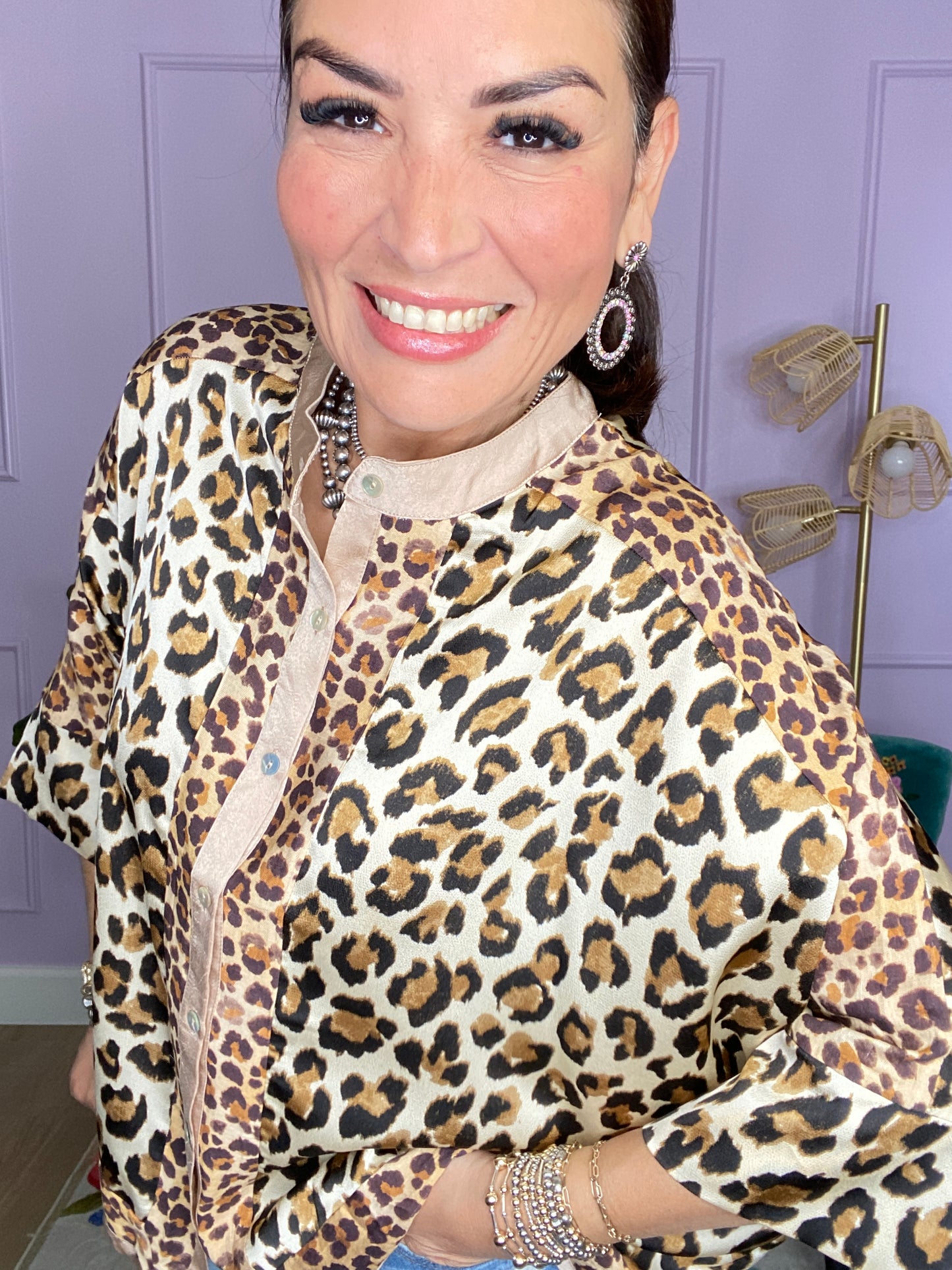 MIXED LEOPARD BUTTON DOWN TOP- BEIGE