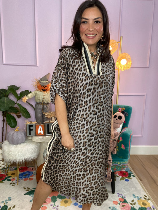 Leopard Print Dolman Sleeve Midi Dress - S-2XL